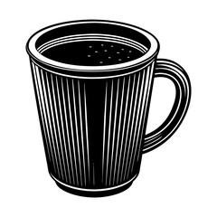 Stylized black and white illustration of a steaming mug filled with coffee featuring a ribbed texture and a classic handle isolated on a white background