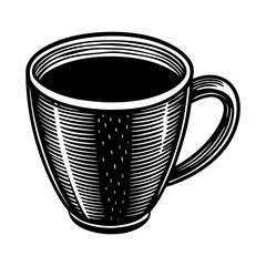 Detailed black and white illustration of a ceramic coffee cup filled with dark liquid presented in a vintage engraving style