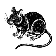Detailed black and white woodcut style illustration of a small mouse with large ears and a long tail on a white background