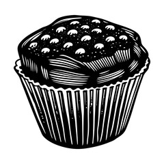 A detailed black and white linocut illustration of a delicious muffin with visible blueberries and a fluted paper liner
