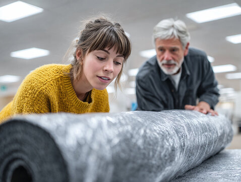 Two people examine a roll of material. A young woman and older man in a bright space. Could represent inspection, collaboration, or construction.