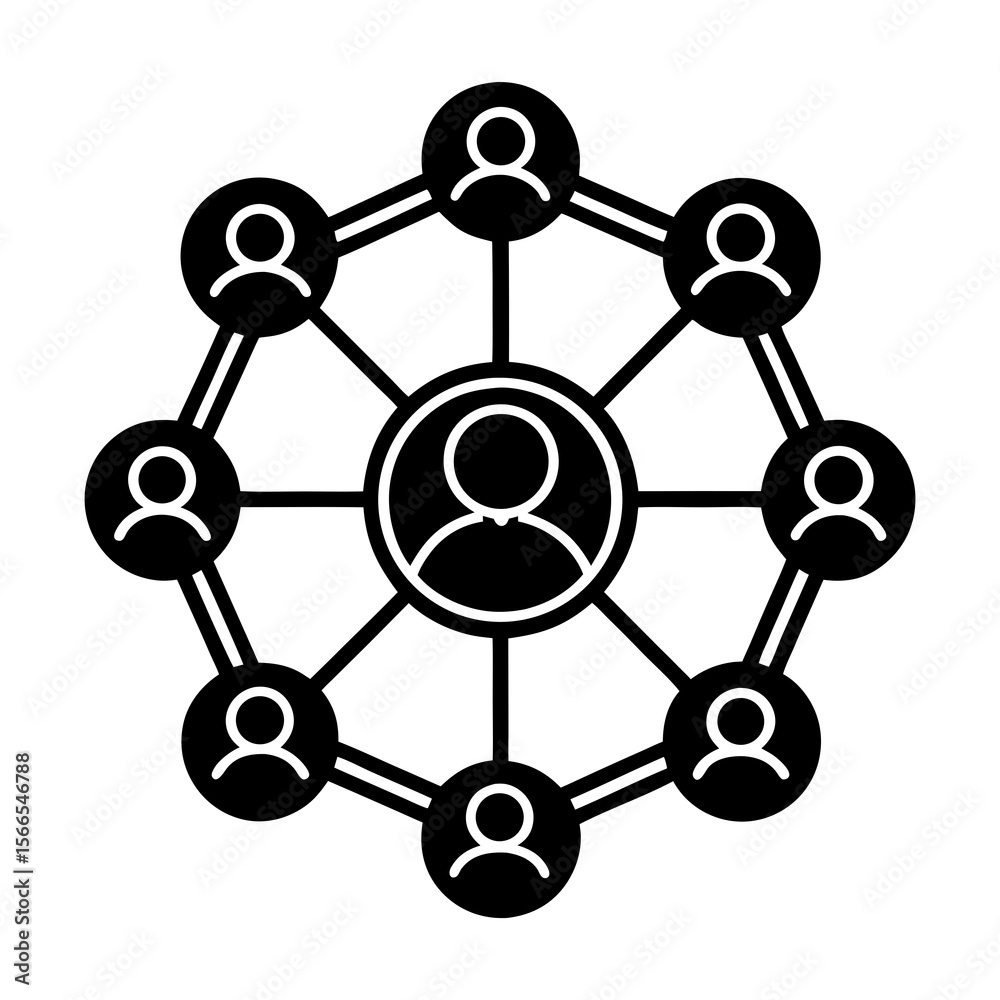 Poster abstract network diagram illustrating a central figure connected to multiple individuals in a circul
