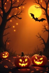 Spooky Halloween scene with glowing jack-o&rsquo;-lanterns, full moon, bats, and eerie forest atmosphere. Perfect festive background for October themes