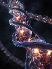 Glowing Double Helix Structure With Intricate Patterns And Brilliant Lights In A Dark Background