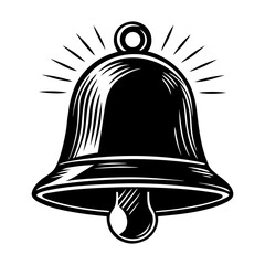 Vintage black and white illustration of a ringing bell with radiating lines symbolizing sound or attention