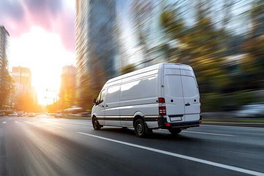 White modern delivery van moving fast on motorway road to city suburb for business distribution and logistics express service
