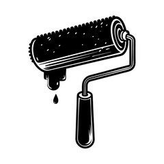 A black and white illustration of a paint roller with black paint dripping from the roller onto a white background