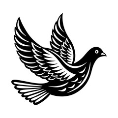 Stylized black silhouette of a dove in mid flight with wings spread wide against a white background
