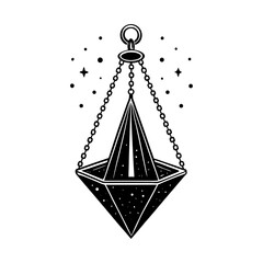 Mystical crystal pendant with chain illustration, Black and white vector illustration of a geometric crystal pendant hanging on chains, surrounded by stars and mystical elements.
