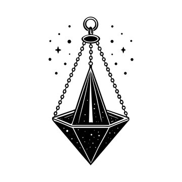 Mystical crystal pendant with chain illustration, Black and white vector illustration of a geometric crystal pendant hanging on chains, surrounded by stars and mystical elements.
