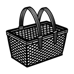 A classic black and white illustration of a woven picnic basket with two arched handles perfect for outdoor gatherings or shopping