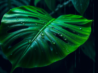 Fototapeta premium Tropical monstera leaf with raindrops, perfect for nature, botany, and fresh plant themes. Generative AI