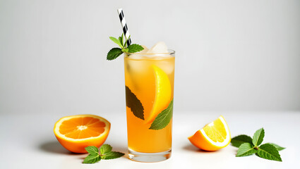 Fototapeta premium Refreshing orange cocktail with mint ice and slice of orange for summer drinks
