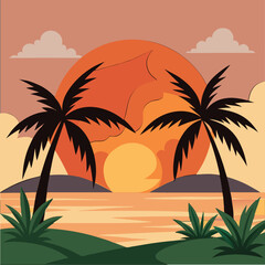 Tropical Sunset Landscape Illustration with Palm Trees and Golden Sky