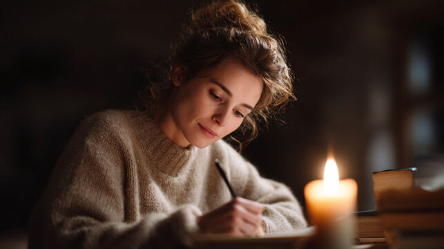 A cozy scene of a woman writing by candlelight in a dimly lit room. Evokes feelings of peace, creativity, nostalgia, and introspection. Perfect for blogs, novels, and selfcare content.