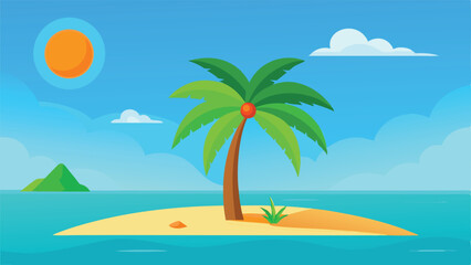 Tropical Island Landscape Illustration with Palm Tree and Ocean