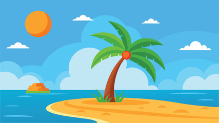 Tropical Island Landscape Illustration with Palm Tree and Ocean