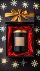 Black matte candle jar with gold lid in open gift box with red satin lining surrounded by...