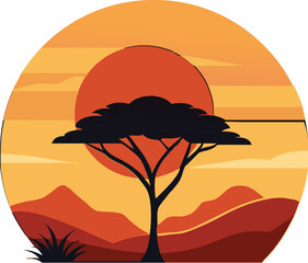 African Safari Sunset Landscape Illustration with Acacia Tree Silhouette

