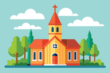 Charming Flat Design Church Illustration with Cross and Trees