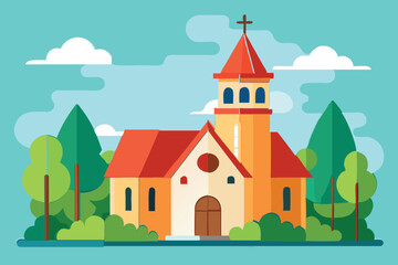 Charming Flat Design Church Illustration with Cross and Trees