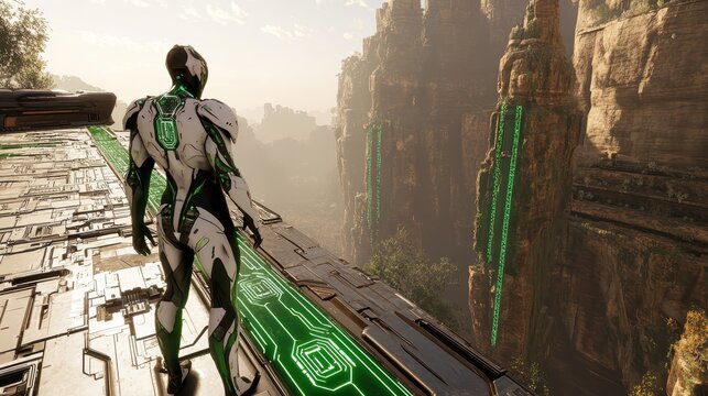Futuristic Cyborg on a High-Tech Cliff Overlooking a Vast Valley