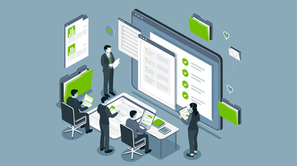 audit team reviewing documents on a large screen in an office, isometric vector illustration for financial audit, corporate compliance review and business governance