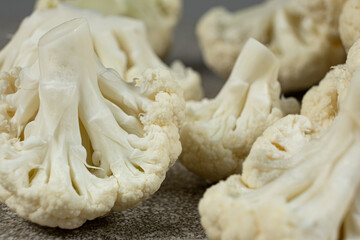 Raw Cauliflower Macro Shot Showing Natural Texture and Floret Details.