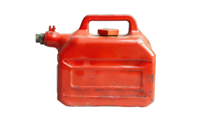 A red plastic fuel canister with a handle and spout. The canister is clean and has no visible labels or markings. It is isolated on a black background.
