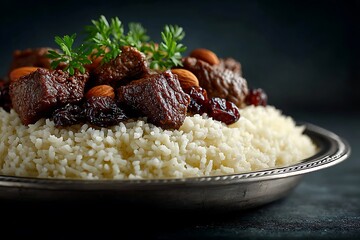Moroccan Couscous, a savory North African dish, features fluffy semolina grains topped with tender meat tagine, dried fruits, and almonds.