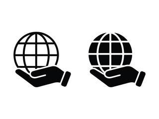 A minimalist black and white icon design showing two identical hands holding a globe