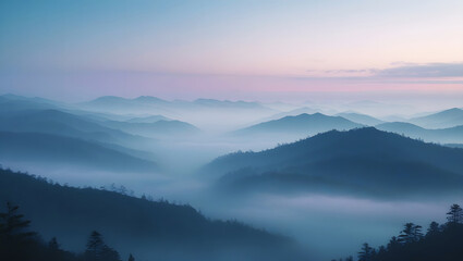 Fototapeta premium Scenic mountain landscape with layers of misty blue hills and atmospheric haze