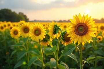 Fototapeta premium Sun-Drenched Summer Field of Vibrant Yellow Sunflowers Stretching to the Horizon A Stunning Display of Natures Growth and Beauty, Perfect for Summer-Themed Projects.