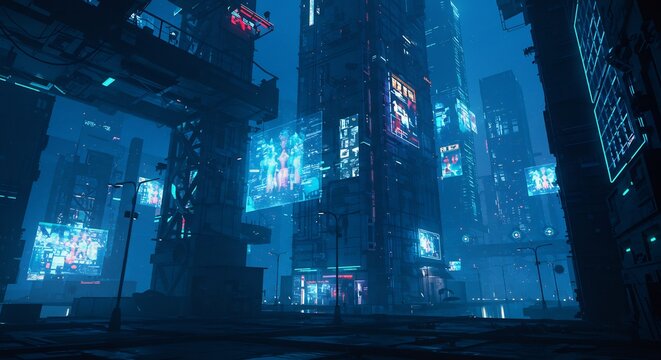 Cyberpunk Cityscape: Towering Buildings with Holographic Displays in a Futuristic Metropolis