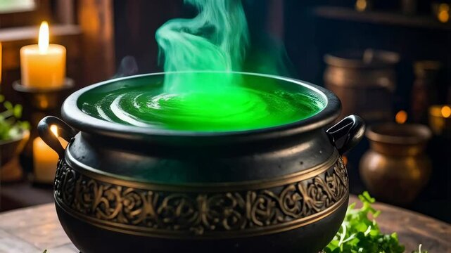 Intense green potion bubbling in dark metal cauldron, candles burning, herbs, mysterious mood on rustic wooden table, warm lighting, fantasy theme