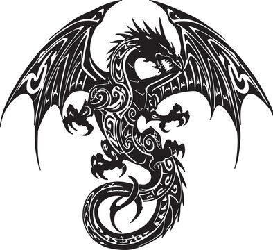 Fierce dragon tattoo design in Polynesian tribal style, black symmetrical patterns, extended wingspan and sharp spine Adobe Illustrator Artwork