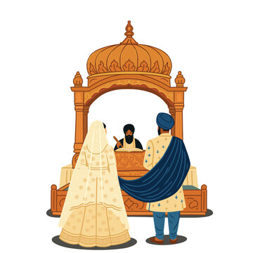 Sikh Bride and Groom Standing Before Guru Granth Sahib