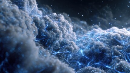 Mystical Abstract Scene of Clouds with Glowing Blue Energy in a Vast 3D Environment