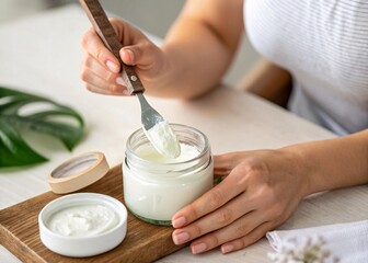 woman applying cream to her hands, Forearms visible as woman scoops moisturizer from glass jar with spatula.