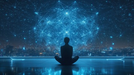 Fototapeta premium Person Meditating Against a Futuristic Network Cityscape Background