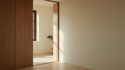 Minimalist Interior Design: An architectural and minimalist interior of a room with a wooden door frame and natural light. The photograph focuses on architectural and design elements of space.