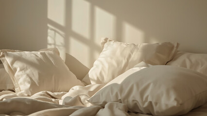 Serene Bedscape with Pillows and Sunlight:  A cozy bedroom scene bathed in soft, natural sunlight, featuring fluffy pillows and a comfortable bed, conveying a sense of peace and tranquility.