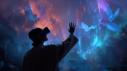 Person Experiencing Immersive Virtual Reality with Colorful Fantasy Creatures in Dreamlike Scenery