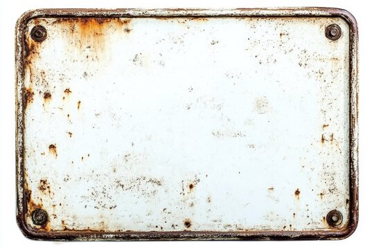 A weathered, rusty metal sign with four corner screws on a white background, showing signs of age and corrosion.