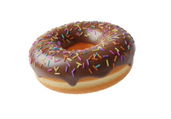 A delicious donut with chocolate frosting and colorful sprinkles isolated on a black background