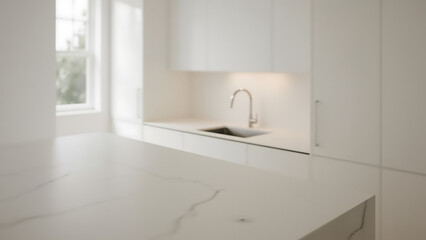 Obraz premium Minimalist Kitchen: Modern and pristine kitchen space, showcasing a clean and contemporary design, featuring minimalist aesthetics and sleek functionality.