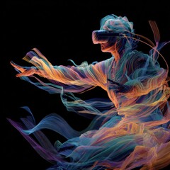 Person In Virtual Reality Headset Reaching Out In An Abstract Dark Void With Colorful Light Trails