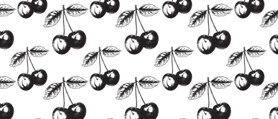 Seamless Vintage Cherry Engraving Pattern with Botanical Detail, perfect for Summer Branding, Retro Packaging, and Farmhouse Decor.
