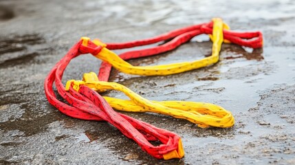 Colorful Utility Ropes Lying on Wet Ground in Outdoor Environment