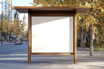 A blank wooden-framed billboard stands on a city sidewalk amidst autumn trees with golden leaves and nearby urban buildings.
